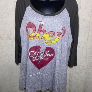 Grey Obey quarter sleeve t shirt.